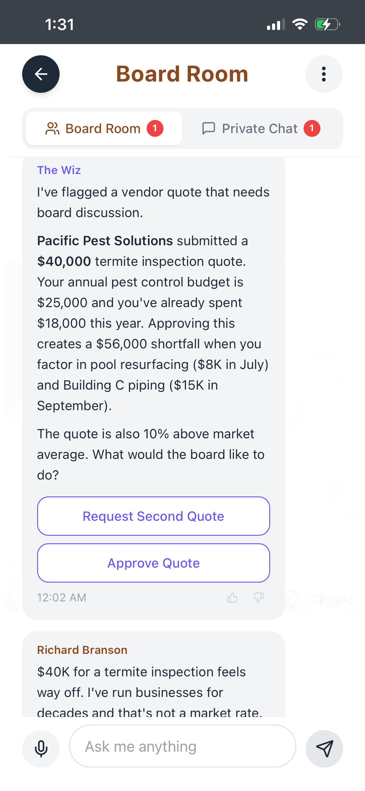 The Wiz analyzes a $40K vendor quote against the budget