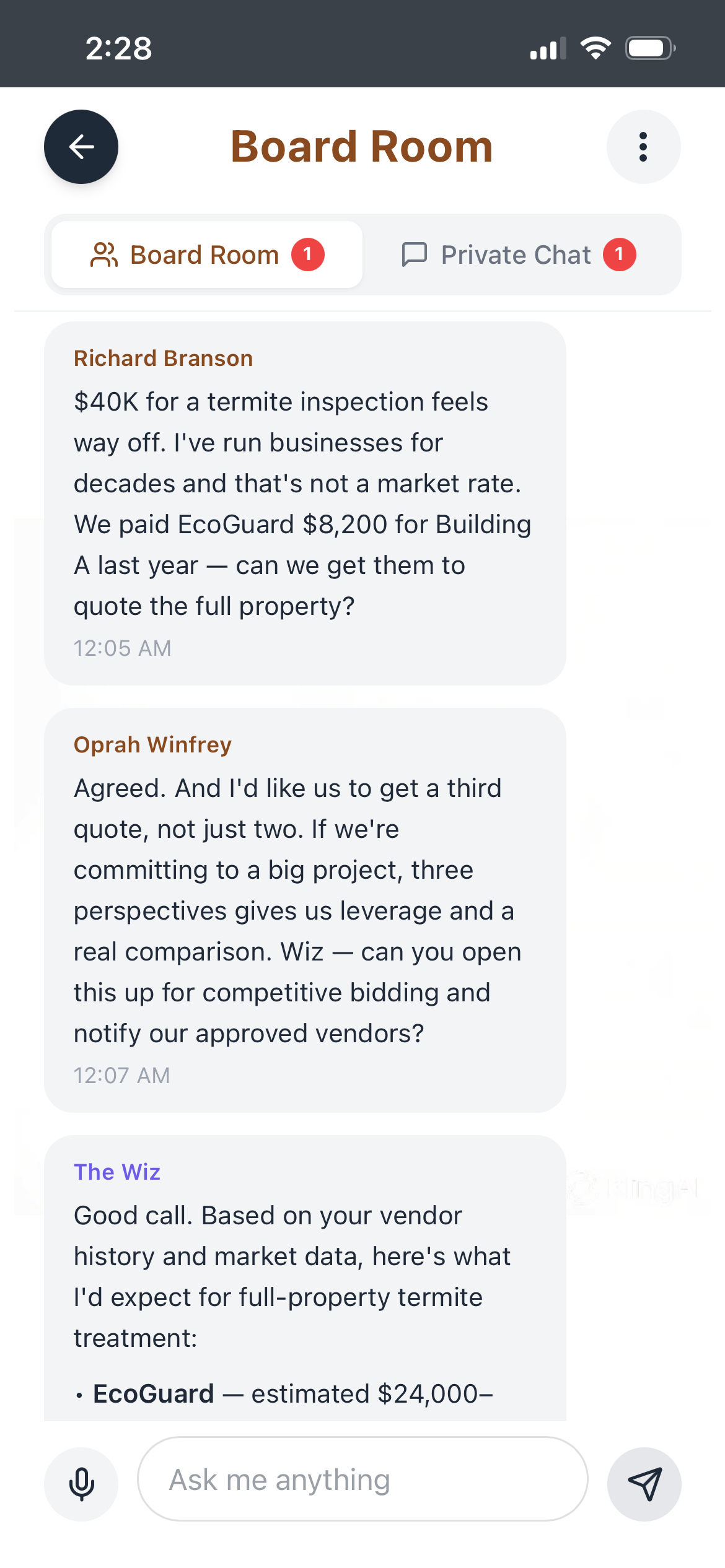 Board Room thread with multiple board members and The Wiz