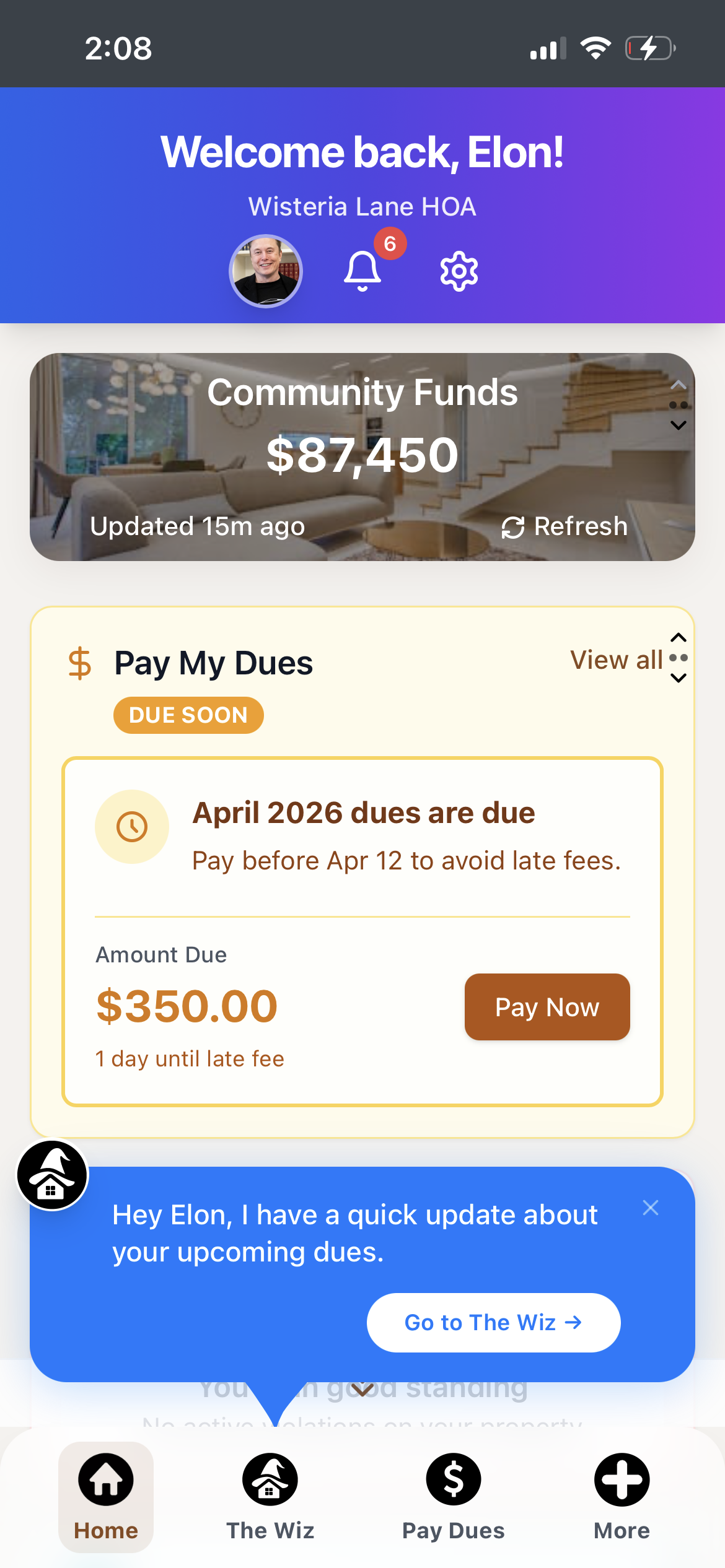 Resident home dashboard with bank balance and dues