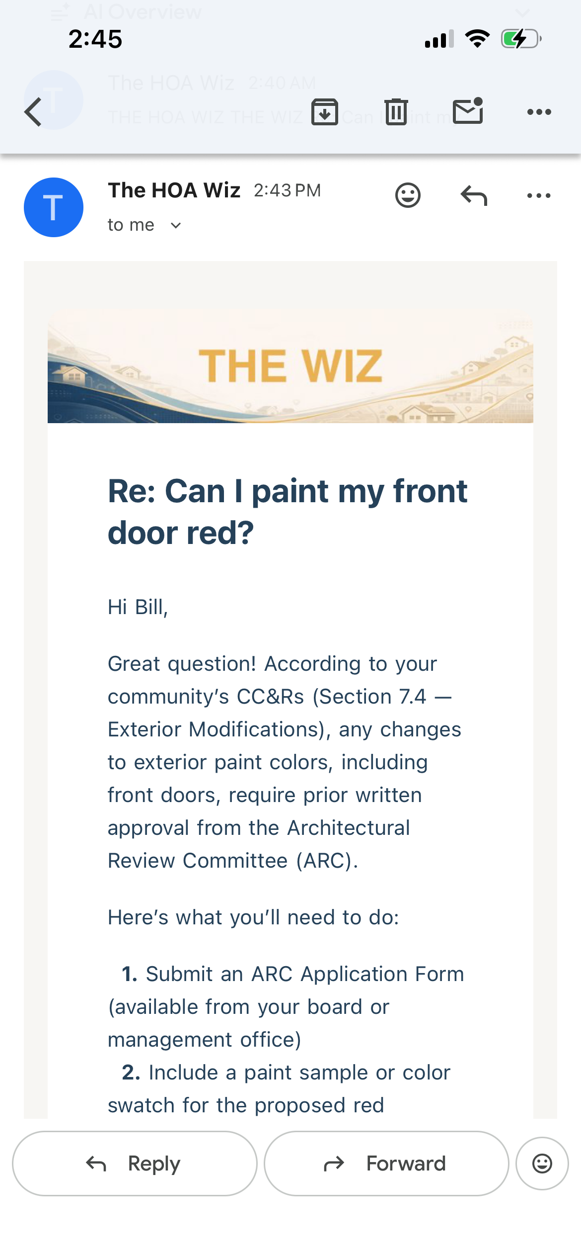 The Wiz responds to a resident email about painting their front door