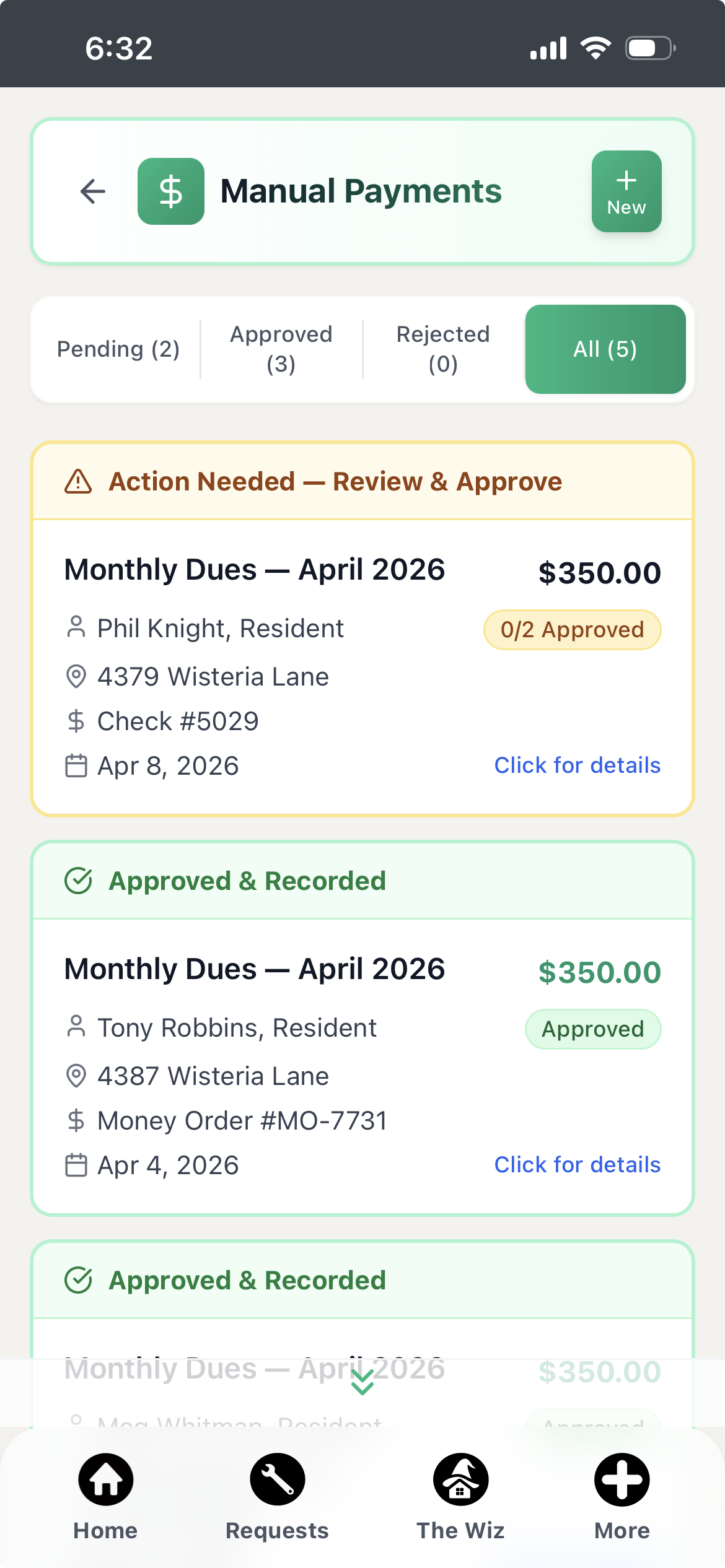 Manual payment recording with board approval workflow